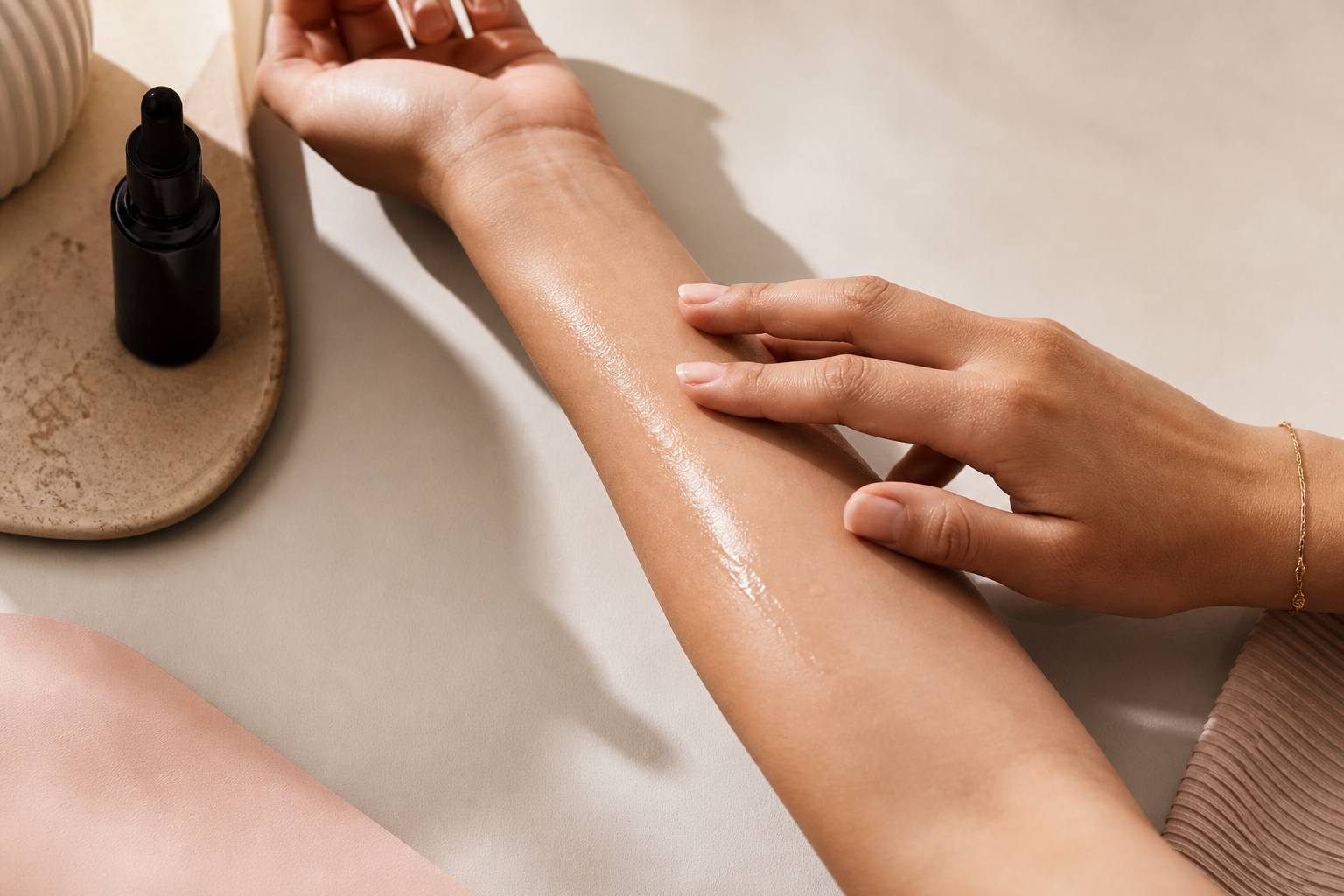 Application d'huile de busserole sur l'avant-bras, peau hydratée et lumineuse