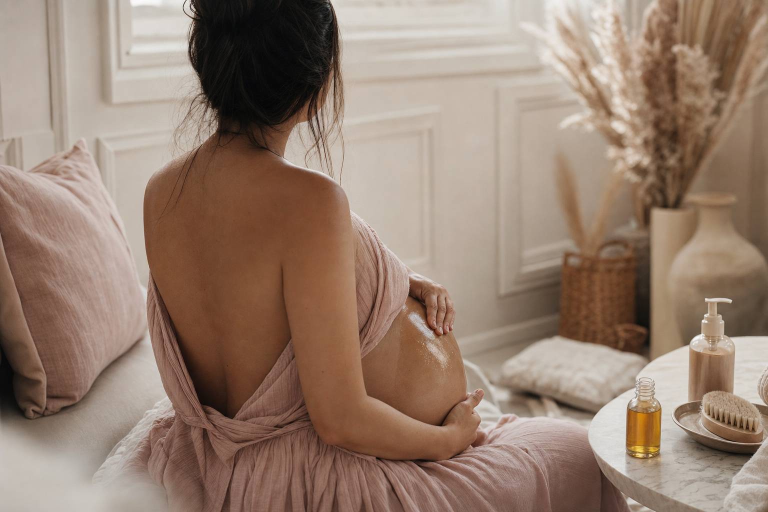 Femme appliquant de l huile doree sur son ventre dans une ambiance bien-etre tamisee