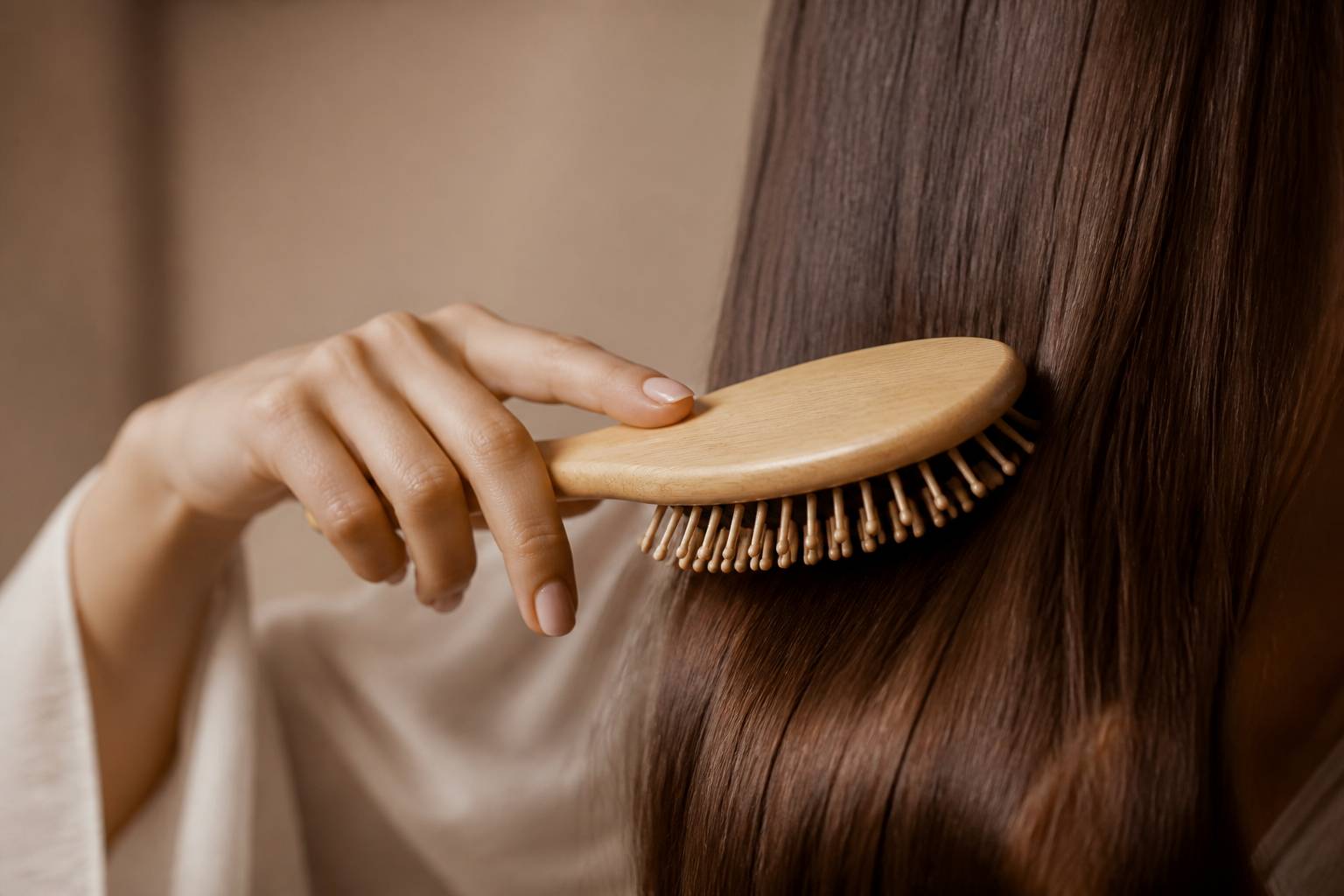 Main féminine brossant des cheveux longs avec une brosse en bois naturel