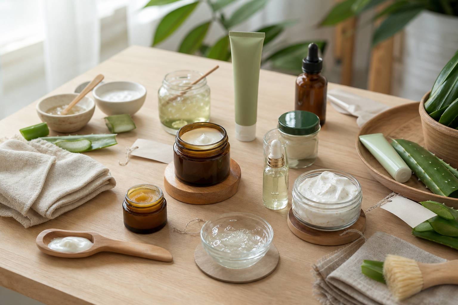 Produits cosmétiques naturels avec aloe vera sur table en bois