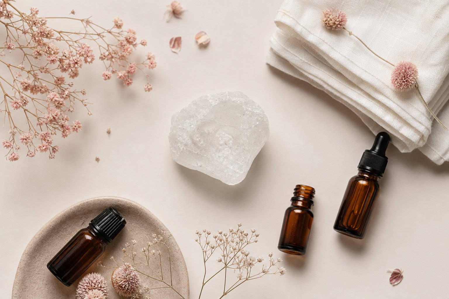 Flat-lay pierre d alun fleurs sechees et huiles essentielles