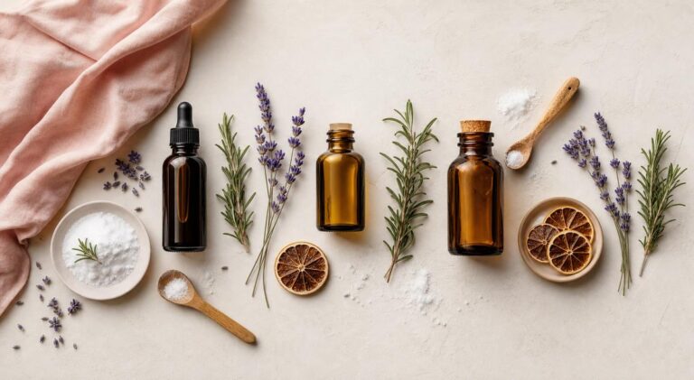 Composition flat-lay élégante d'ingrédients naturels pour désodorisant maison, flacons en verre ambré, lavande, romarin et bicarbonate de soude