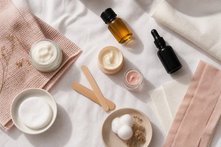 Accessoires de soin et epilation douce en flat-lay sur linge blanc avec huiles essentielles et coton bio
