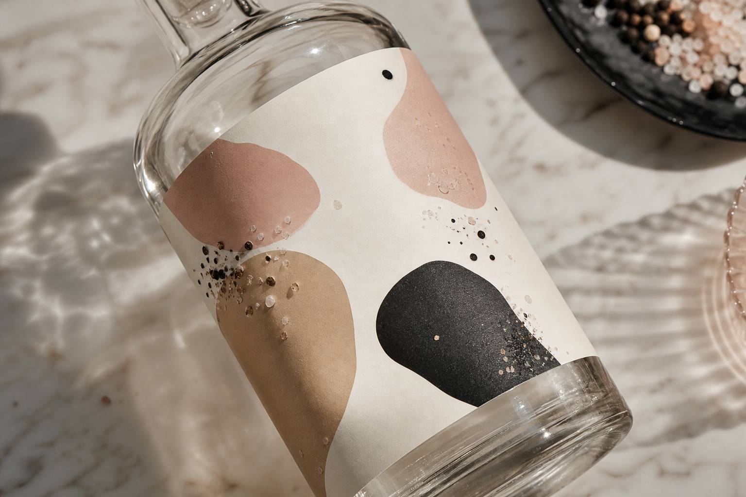Etiquette ingredients sur bouteille verre composition flat-lay investigation alimentaire