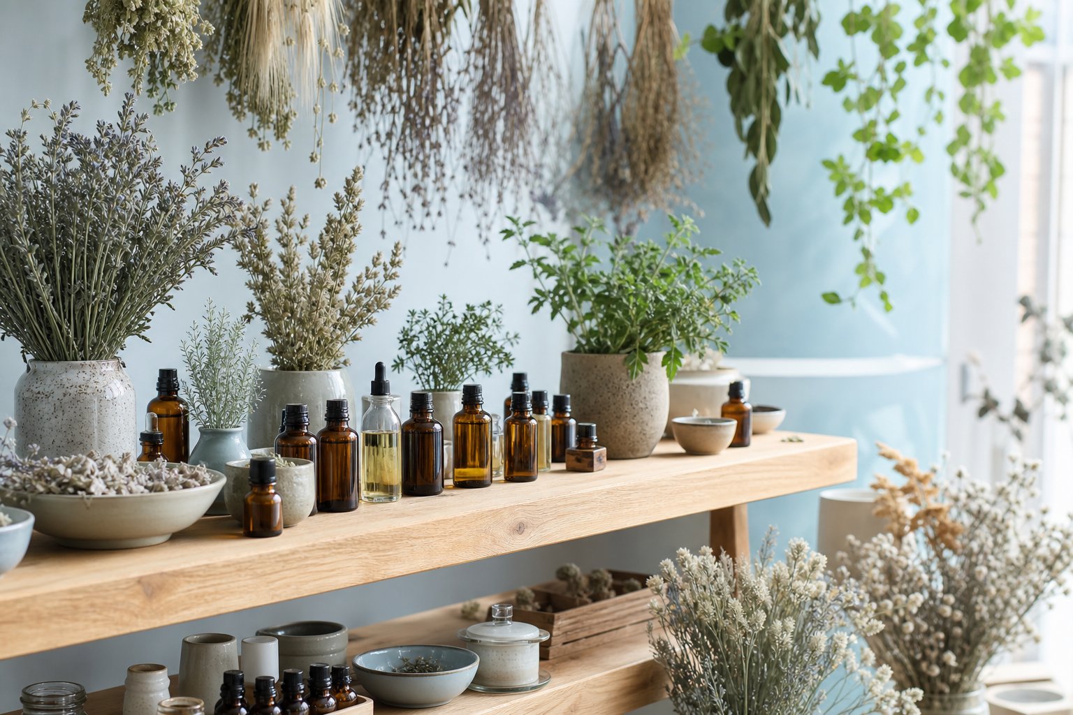 Collection flacons huiles essentielles etagere bois plantes