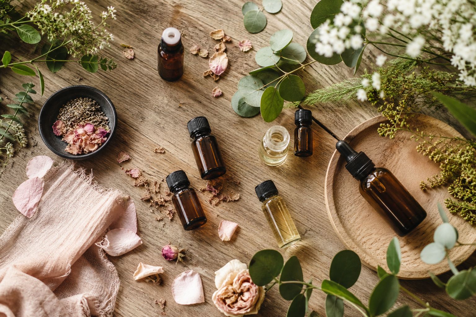 Flacons d huiles essentielles disposes sur table en bois avec plantes composition flatlay