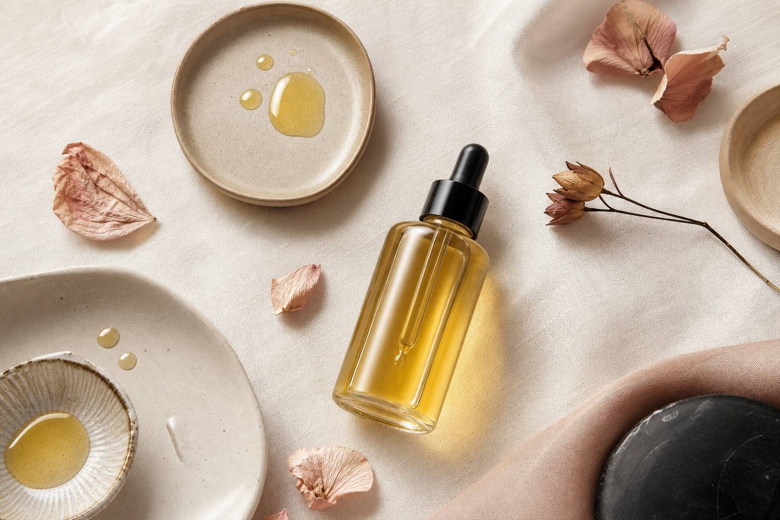 Flatlay élégant de soins visage à l huile de figue de barbarie