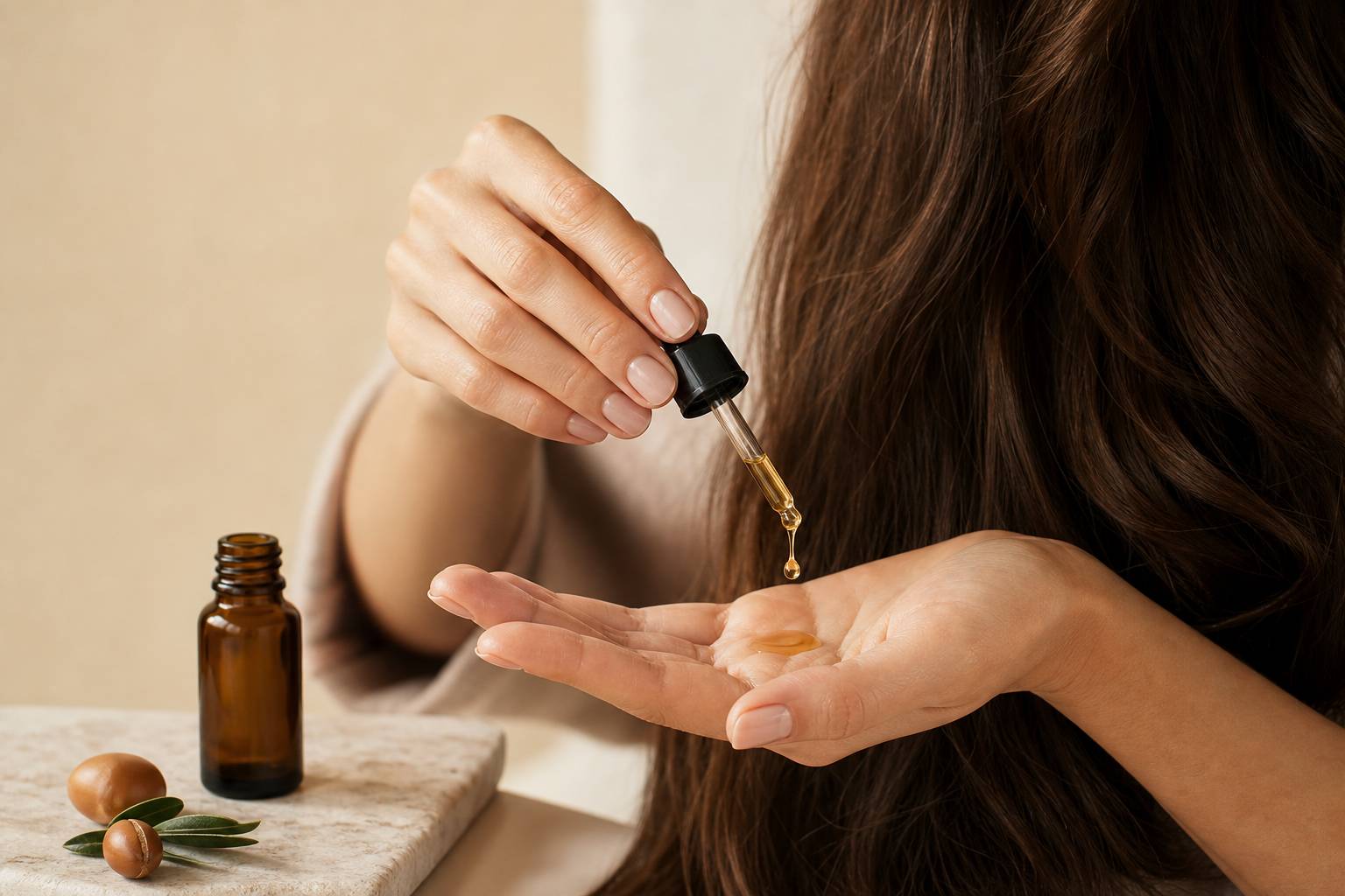 Gouttes d huile d argan dorée versée dans une main avec cheveux longs brillants en arrière plan