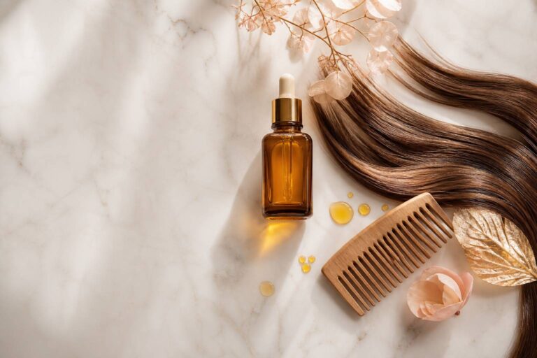 Flacon en verre ambré d huile d argan posé sur marbre blanc avec peigne en bois et mèches de cheveux bruns