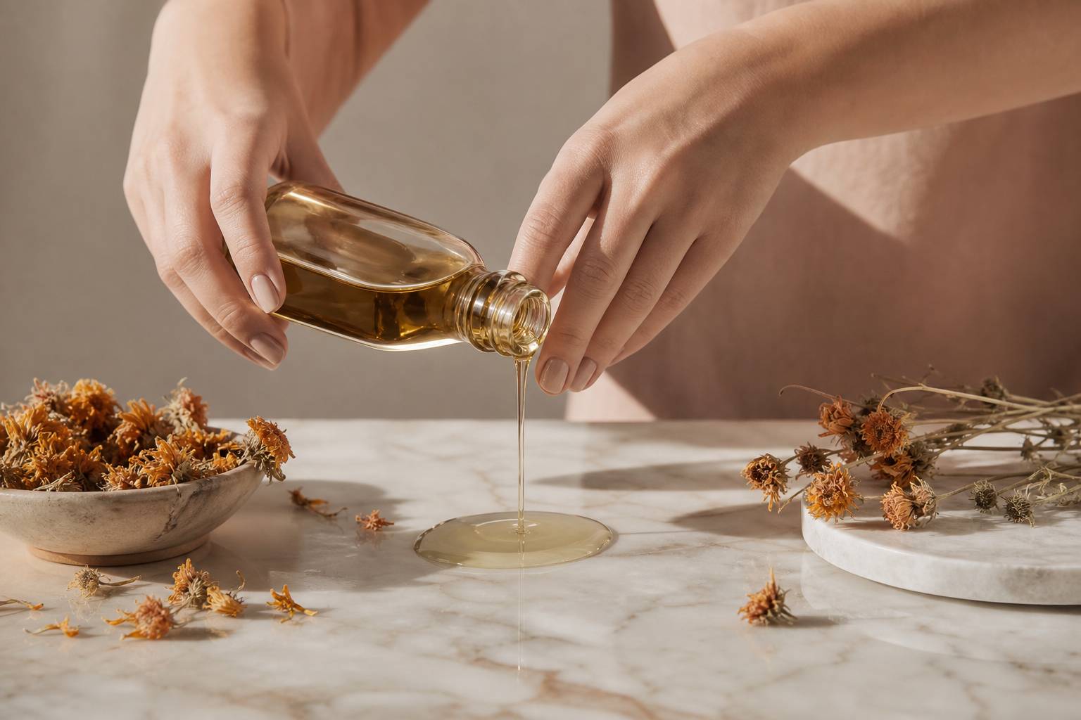 Mains versant doucement de l'huile dorée de calendula sur une surface en marbre blanc