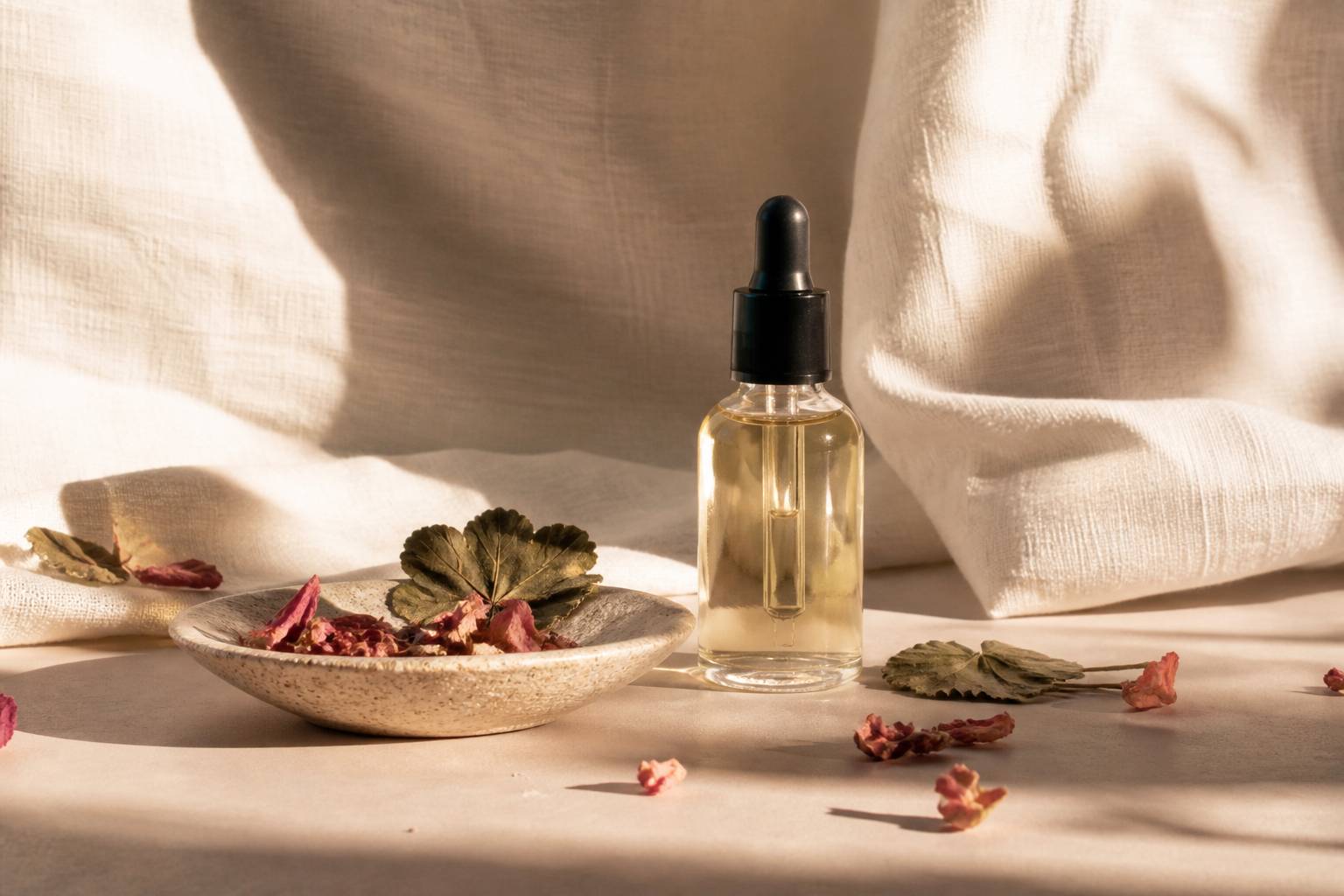 Présentation élégante d'huile essentielle de géranium avec pétales séchés sur lin blanc