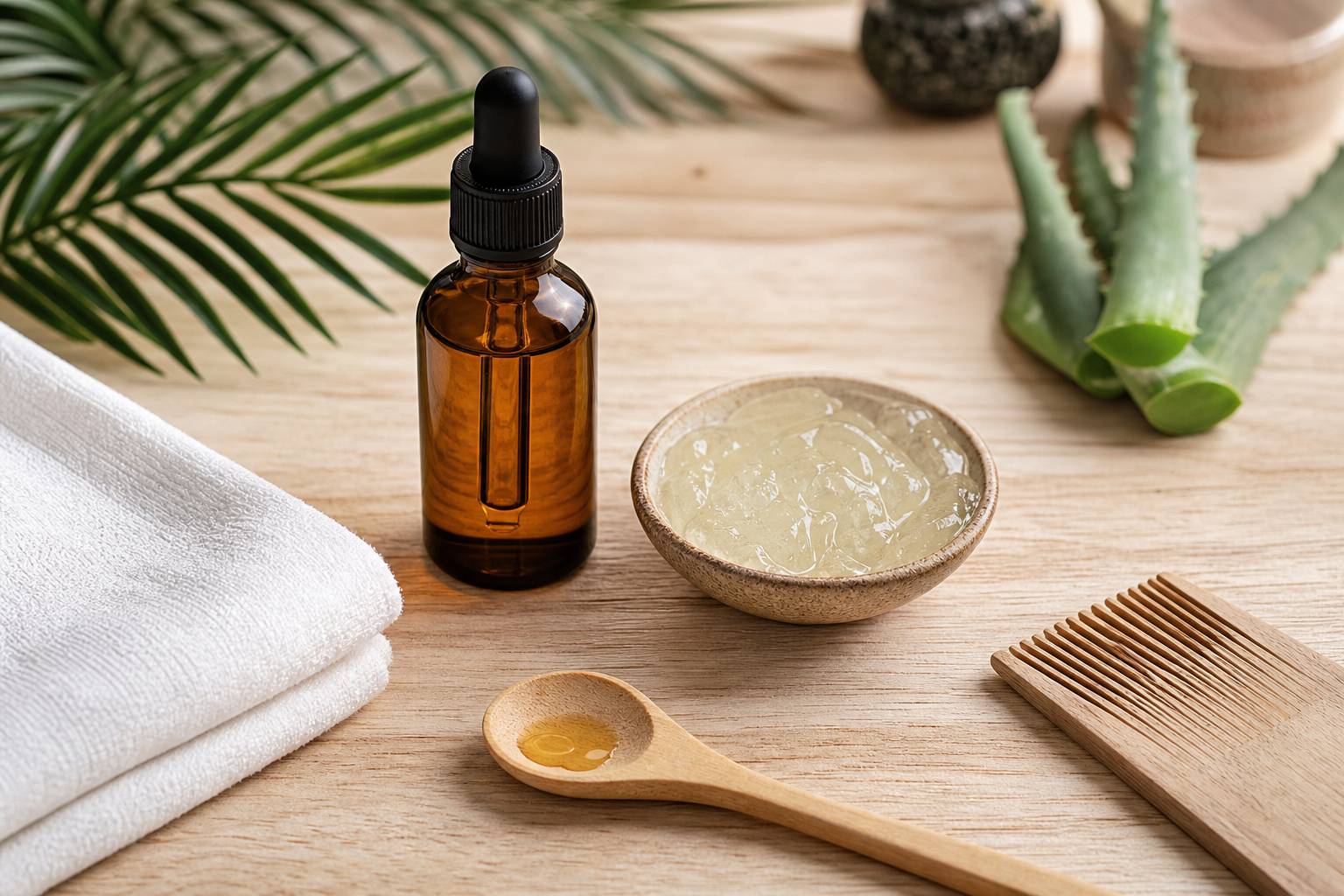 Composition flat-lay d'huile de figue de barbarie, aloe vera et accessoires pour hydrater le cuir chevelu