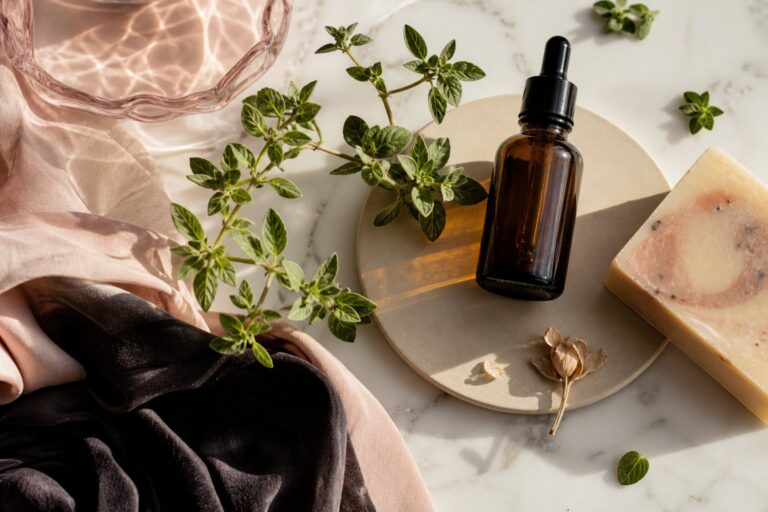 Feuilles de marjolaine fraîche sur marbre avec flacon d'huile essentielle ambrée et savon artisanal