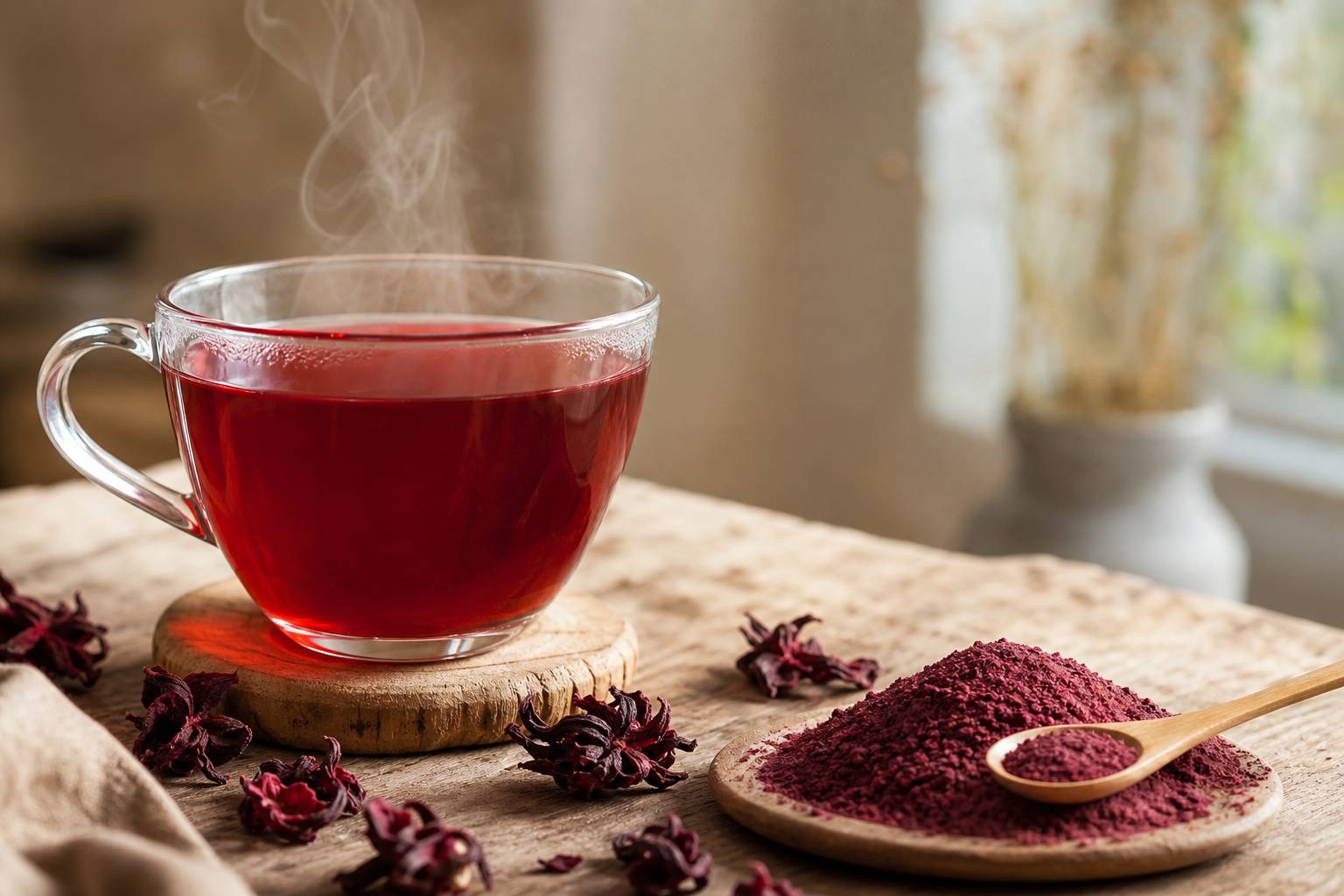 Infusion d'hibiscus fumante à côté de poudre violette sur une surface en bois, ambiance chaleureuse