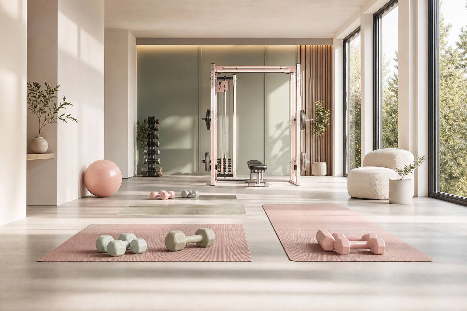 Salle de sport epuree avec equipement minimaliste tapis et halteres