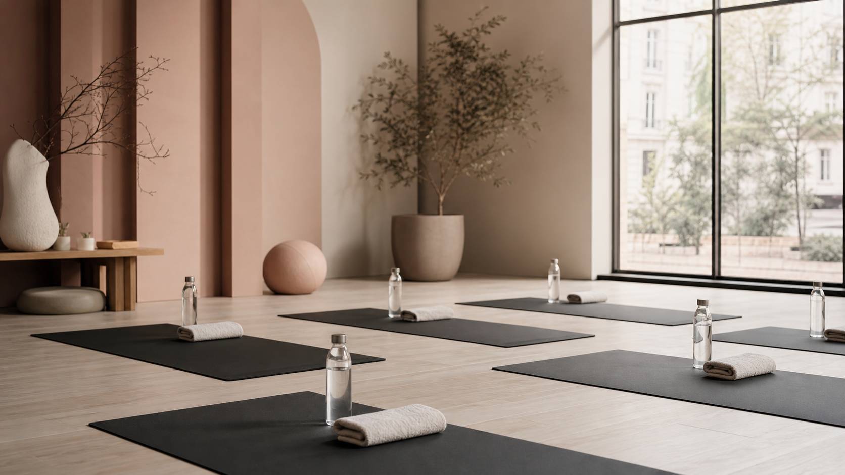 Salle de sport lumineuse avec tapis de yoga serviette blanche et fitness