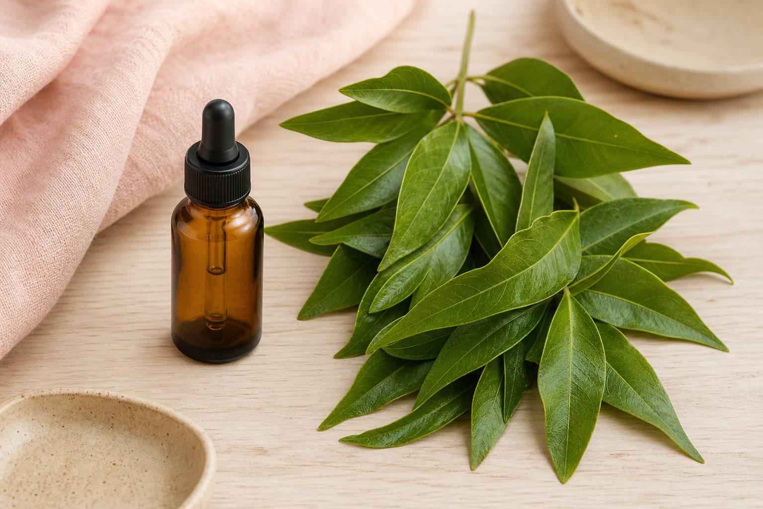 Feuilles de saro et huile essentielle malgache en flacon doropeur flatlay beaute