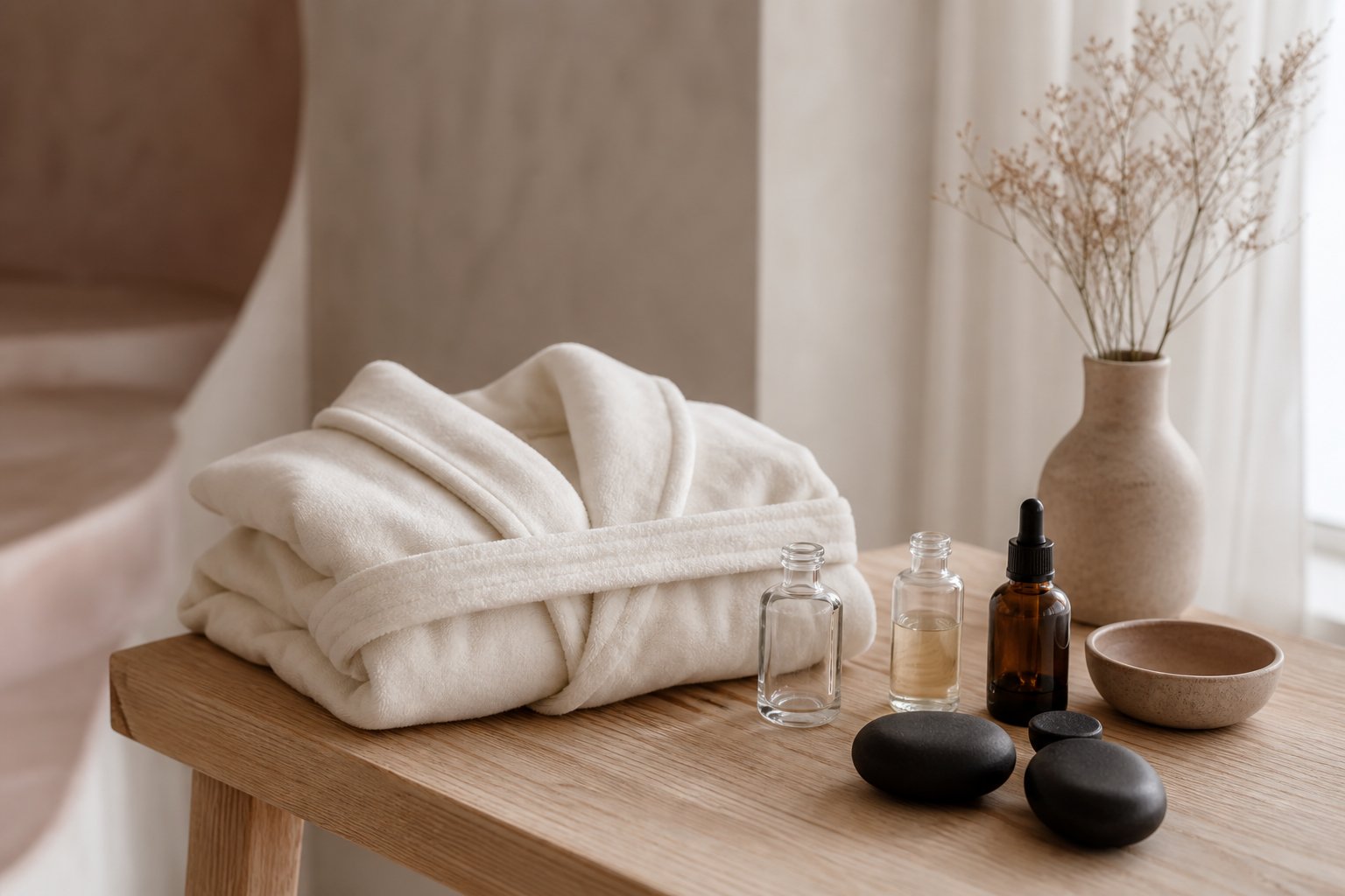 Composition minimaliste de spa avec peignoir blanc plie et flacons en verre sur table bois clair