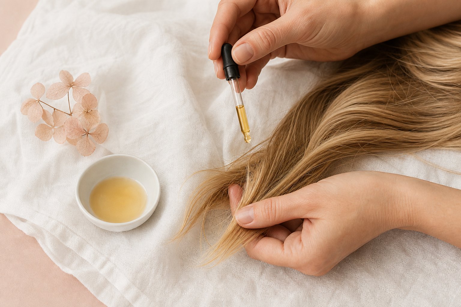 Application d'huile vegetale sur les pointes des cheveux pour soigner les fourches