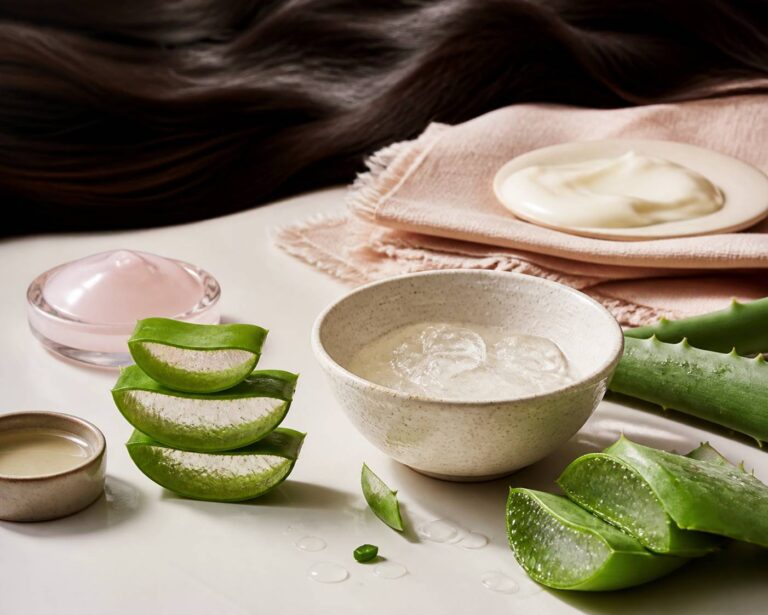 Flat-lay beauté avec feuilles d'aloe vera et gel dans un bol