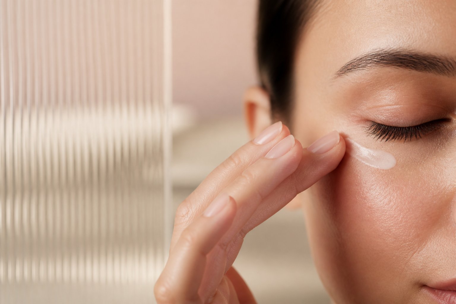 Doigts déposant délicatement une touche de crème sous l'œil d'un visage vu de profil, yeux fermés