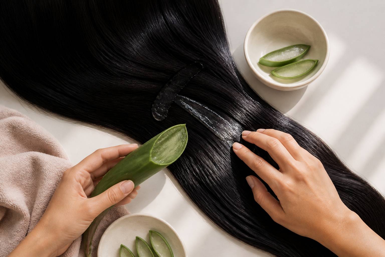 Application de gel d'aloe vera sur des cheveux longs dans une ambiance spa
