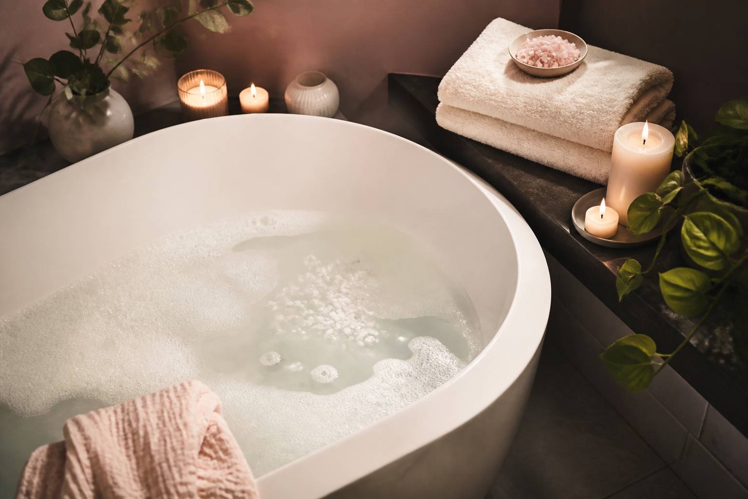Baignoire blanche avec eau parfumée aux sels de bain, vapeur douce et bougies