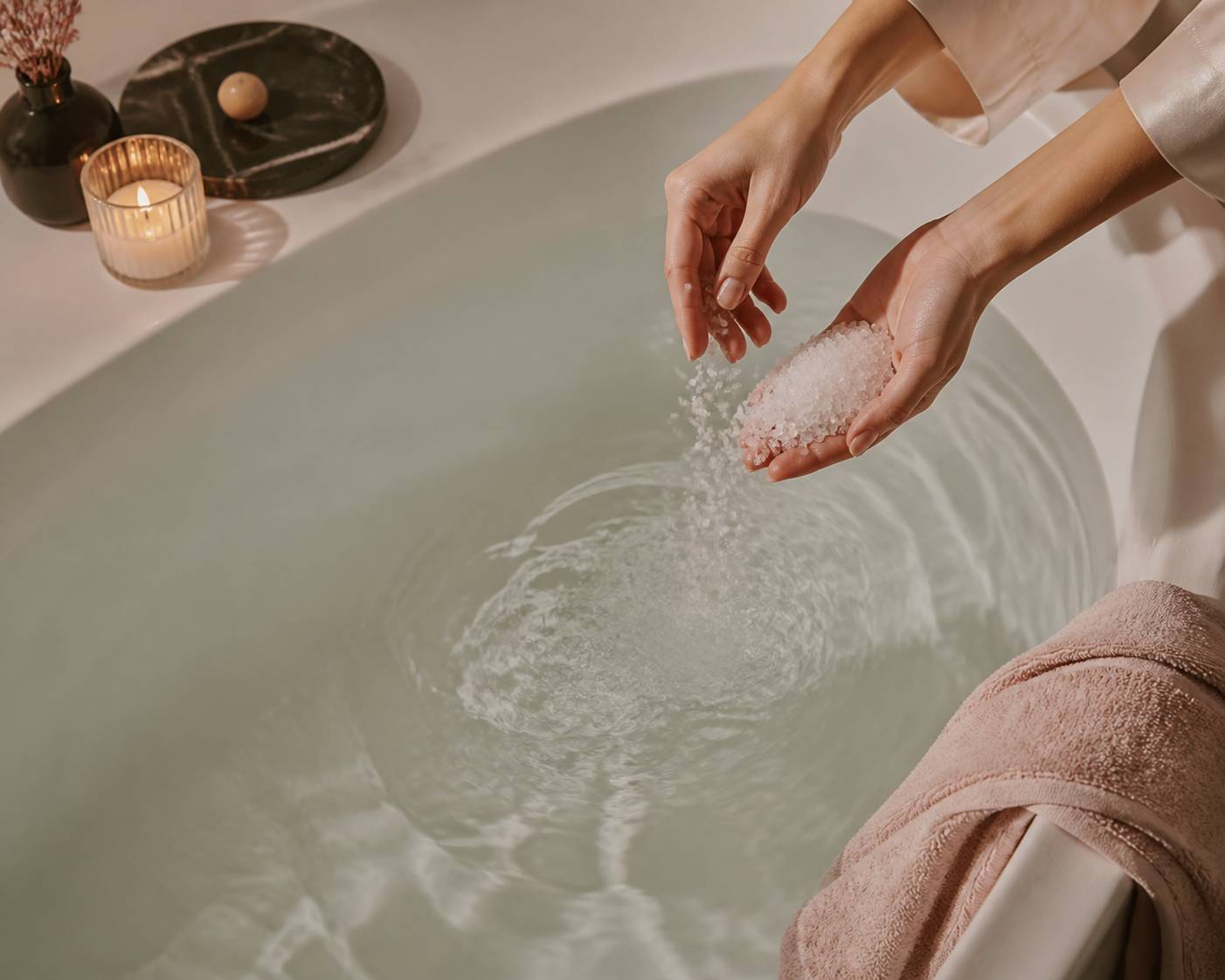Mains versant des cristaux de sel d'Epsom dans une baignoire