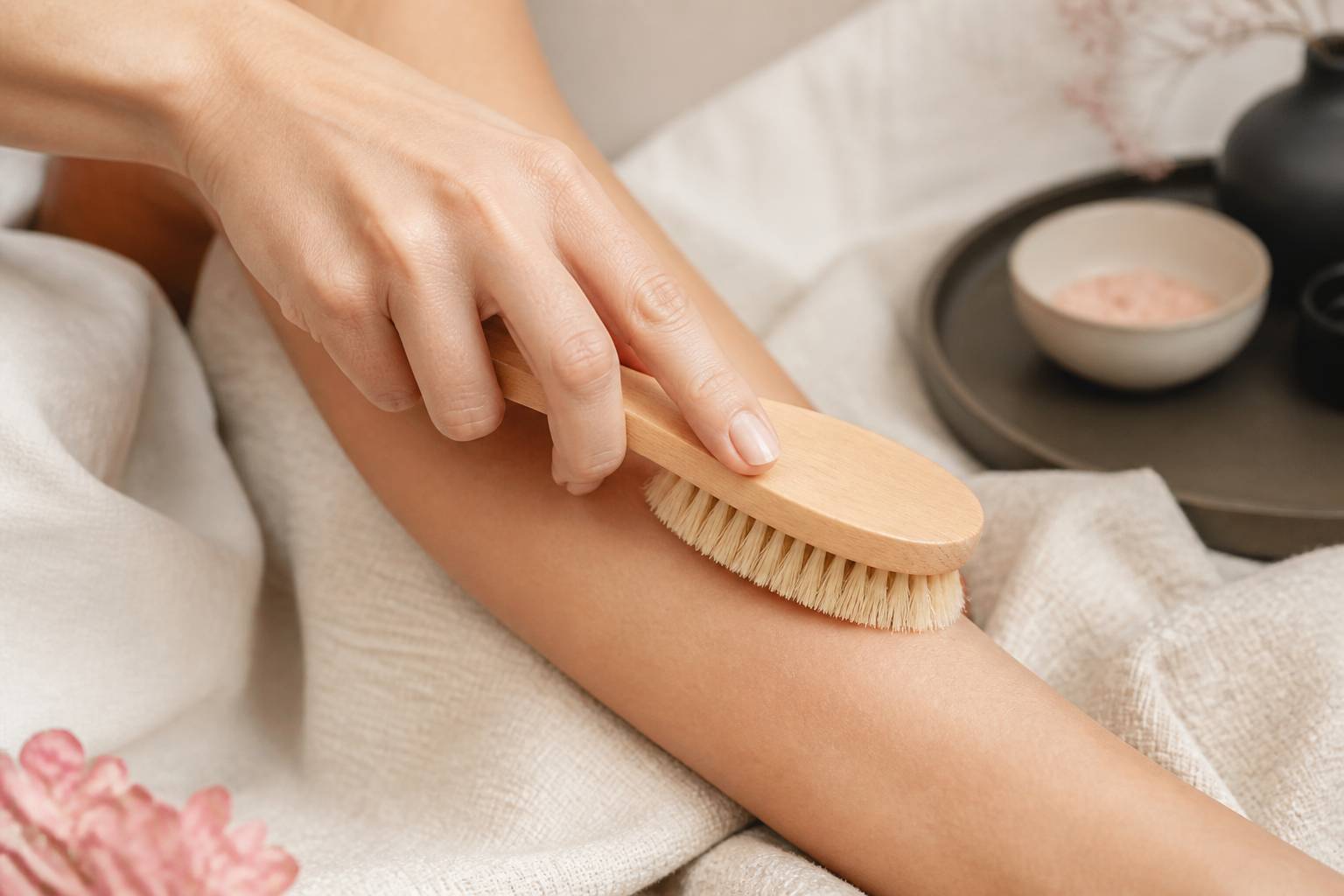 Brosse de drainage en bois clair en geste doux sur l'avant-bras