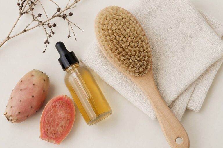 Brosse de massage a poils naturels avec huile et serviette sur fond ivoire