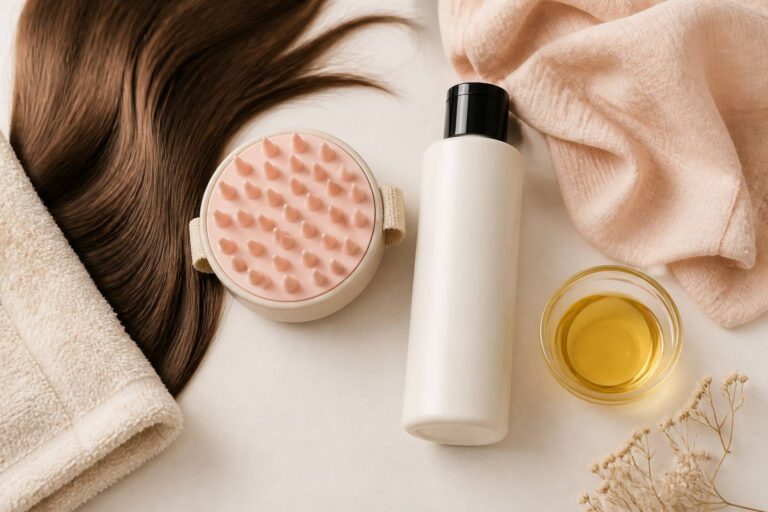 Brosse de massage du cuir chevelu avec flacon de shampoing et serviette