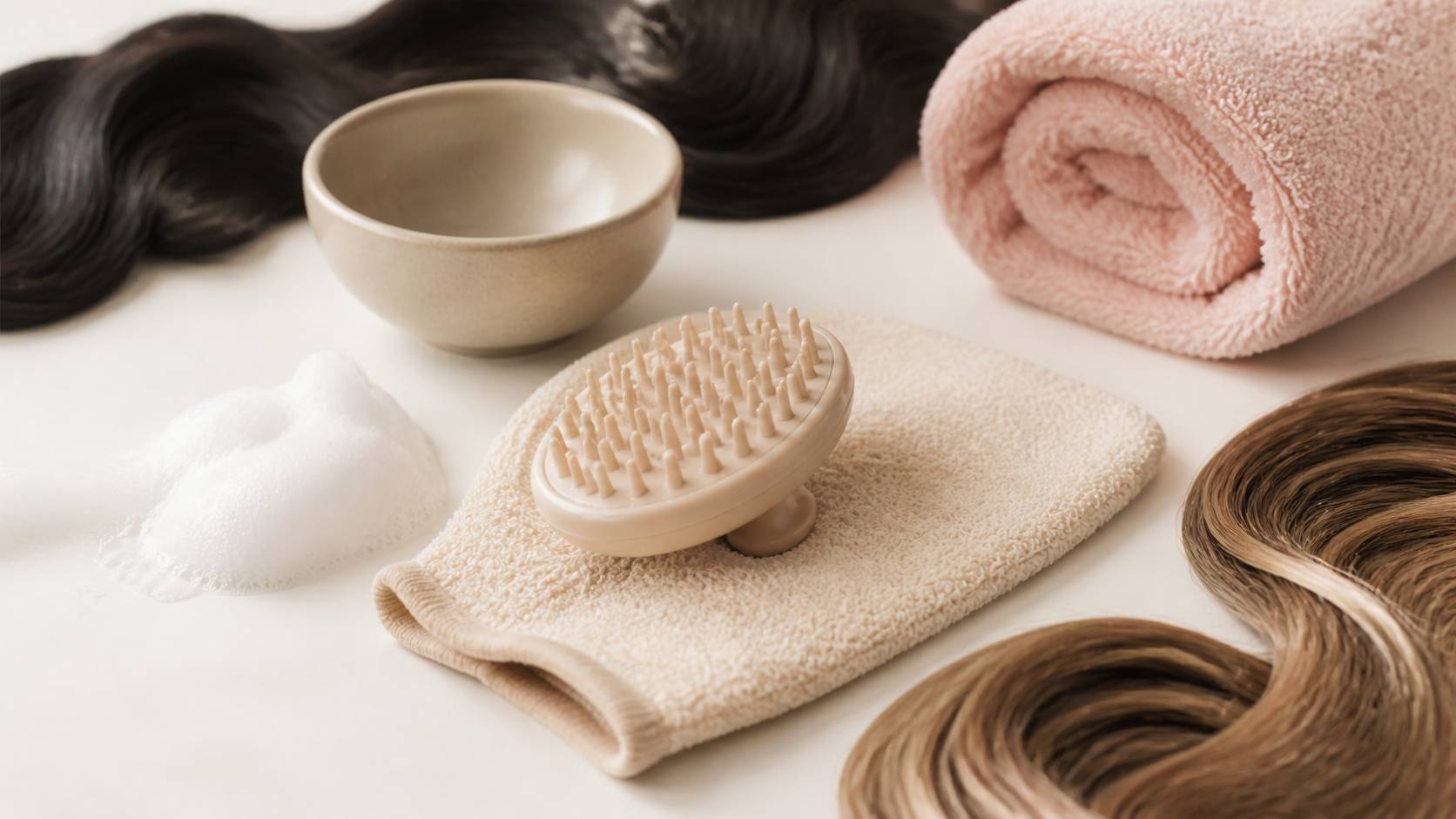 Brosse de massage aux picots souples avec mousse de shampoing
