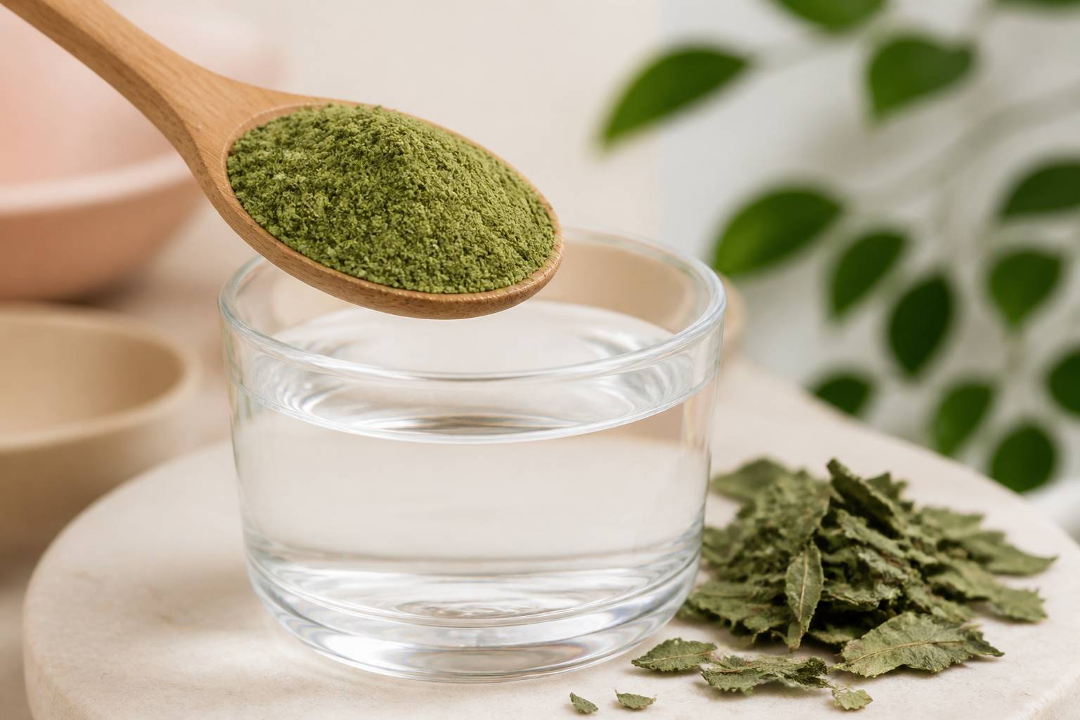 Cuillère de poudre de moringa au-dessus d'un verre d'eau