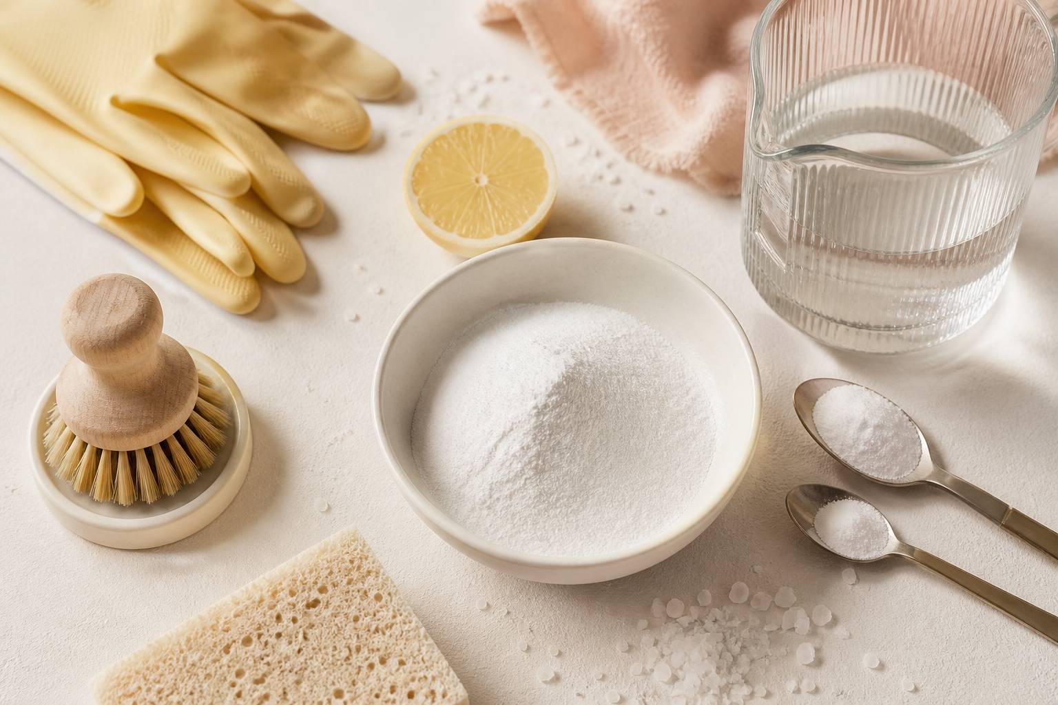 Flat-lay de poudre d'acide citrique, citrons et gants pour un nettoyage naturel