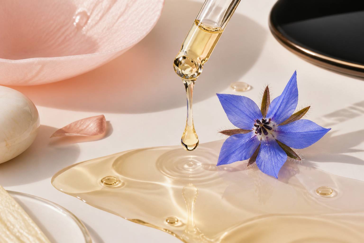 Goutte d'huile dorée s'étirant depuis une pipette en verre