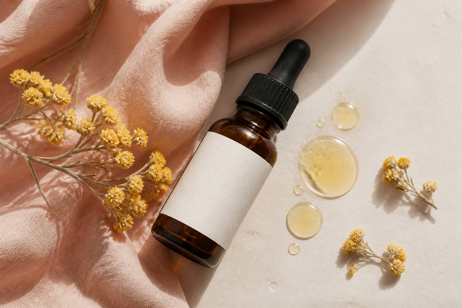 Gouttes d'huile dorée près de fleurs jaunes d'immortelle
