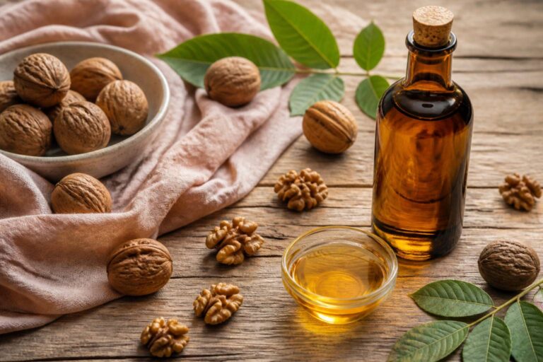 Bouteille d'huile de noix avec cerneaux et noix entières