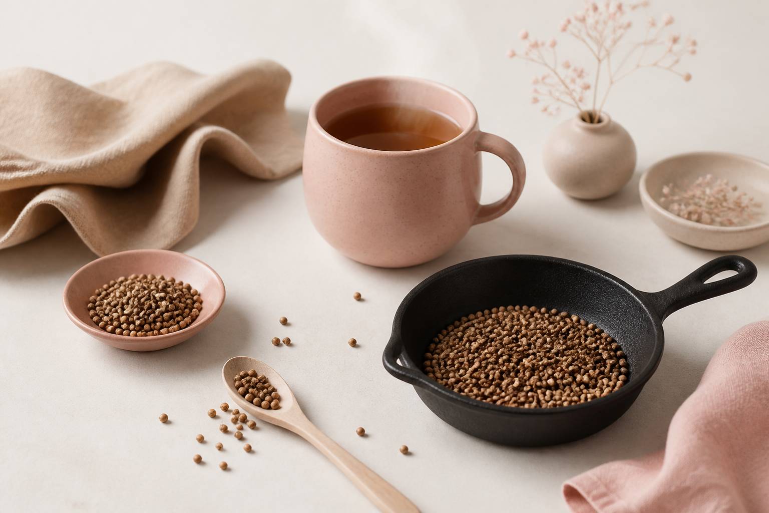 Tasse d'infusion avec une coupelle de graines de coriandre