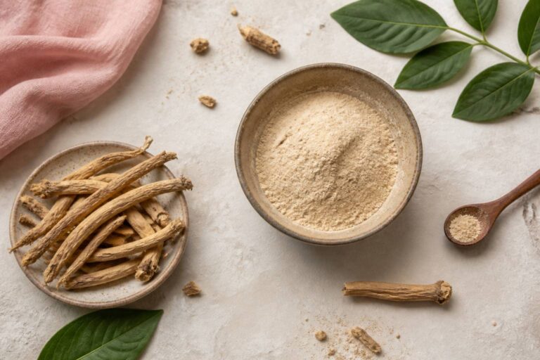 Racines d'ashwagandha et poudre dans un bol en céramique
