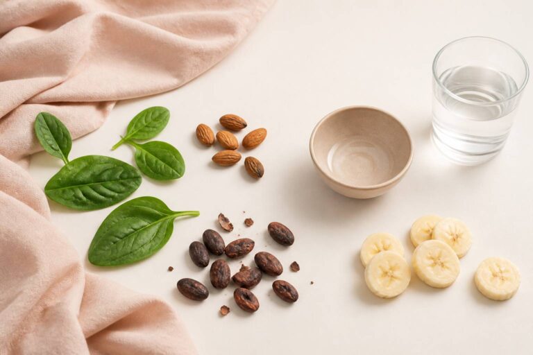 Flat-lay d'aliments riches en magnésium avec amandes et cacao sur fond ivoire