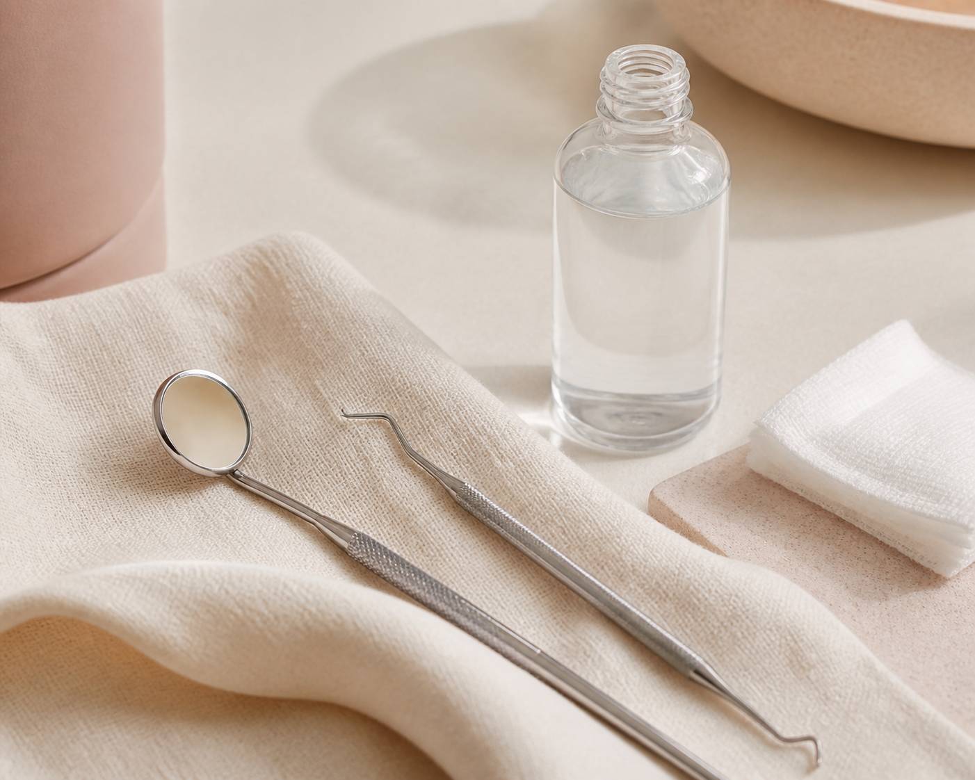 Miroir dentaire et spatule posés sur un linge en lin