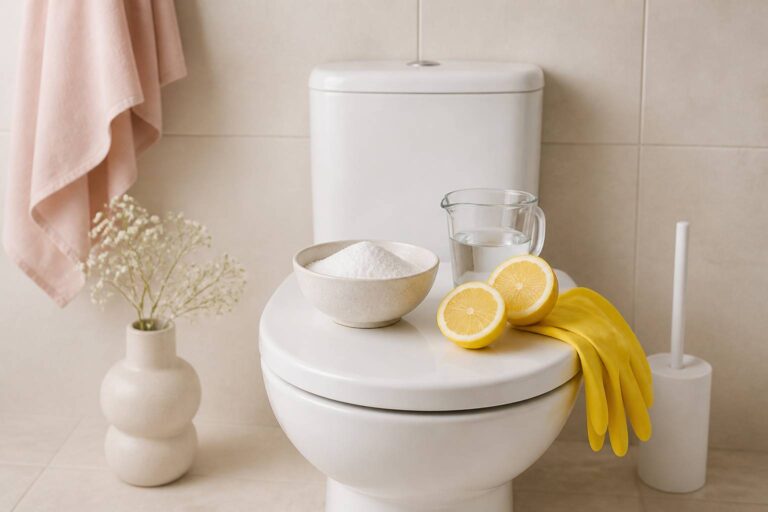 Cuvette de toilettes blanche avec bol d'acide citrique et citrons pour le détartrage