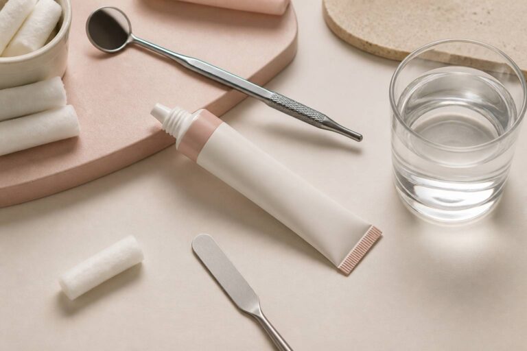 Composition flat-lay de soins dentaires temporaires sur fond ivoire