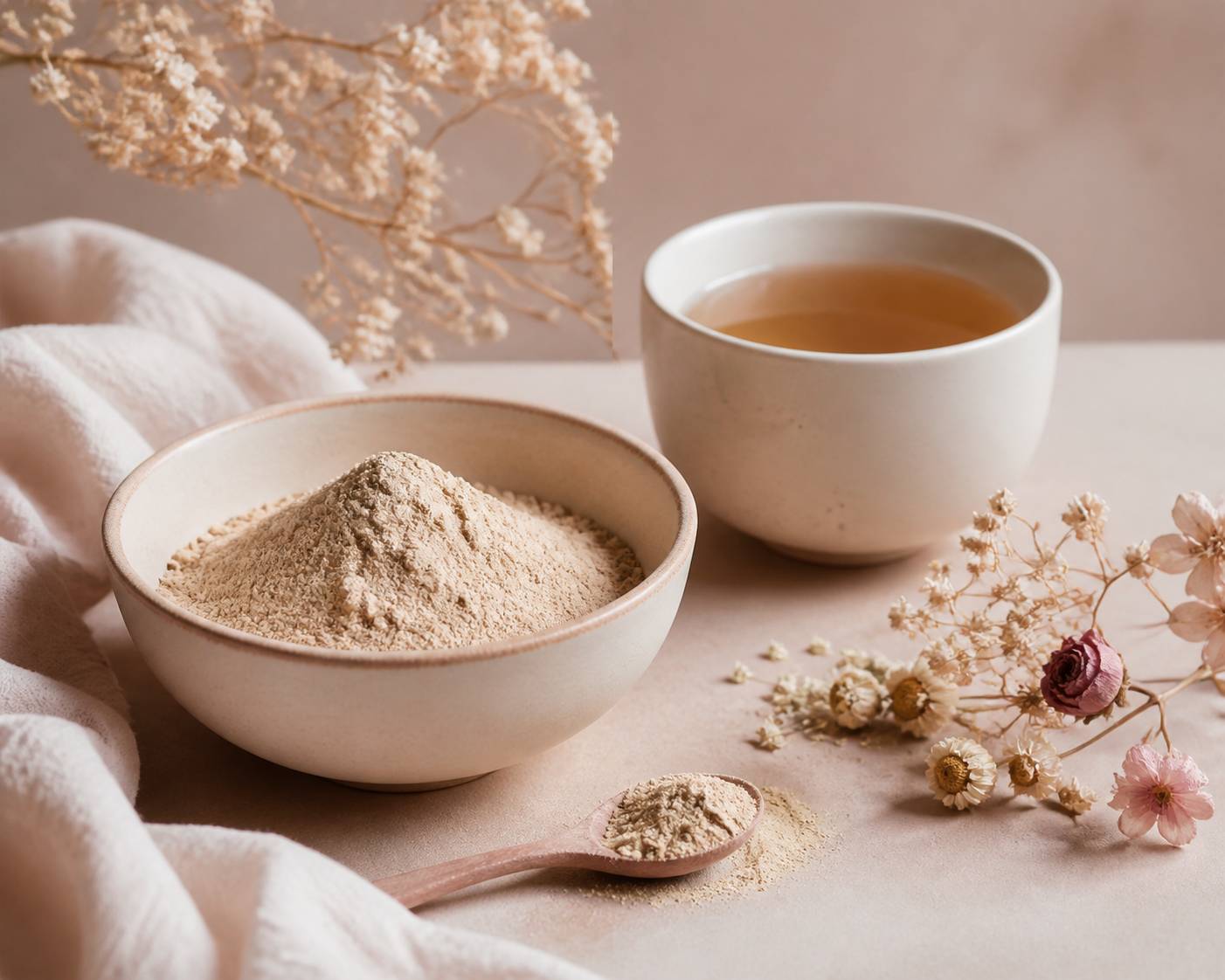 Bol de poudre d'ashwagandha avec cuillère en bois et tisane