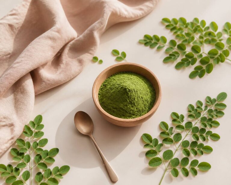 Poudre de moringa verte dans un bol en bois avec des feuilles fraîches