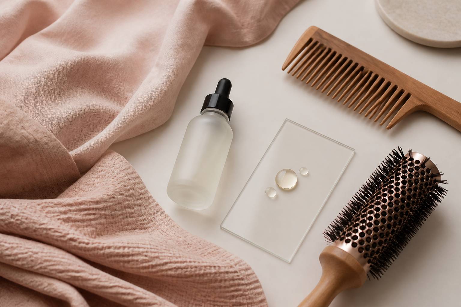 Flat-lay de soin capillaire avec flacon de sérum, peigne en bois et brosse ronde