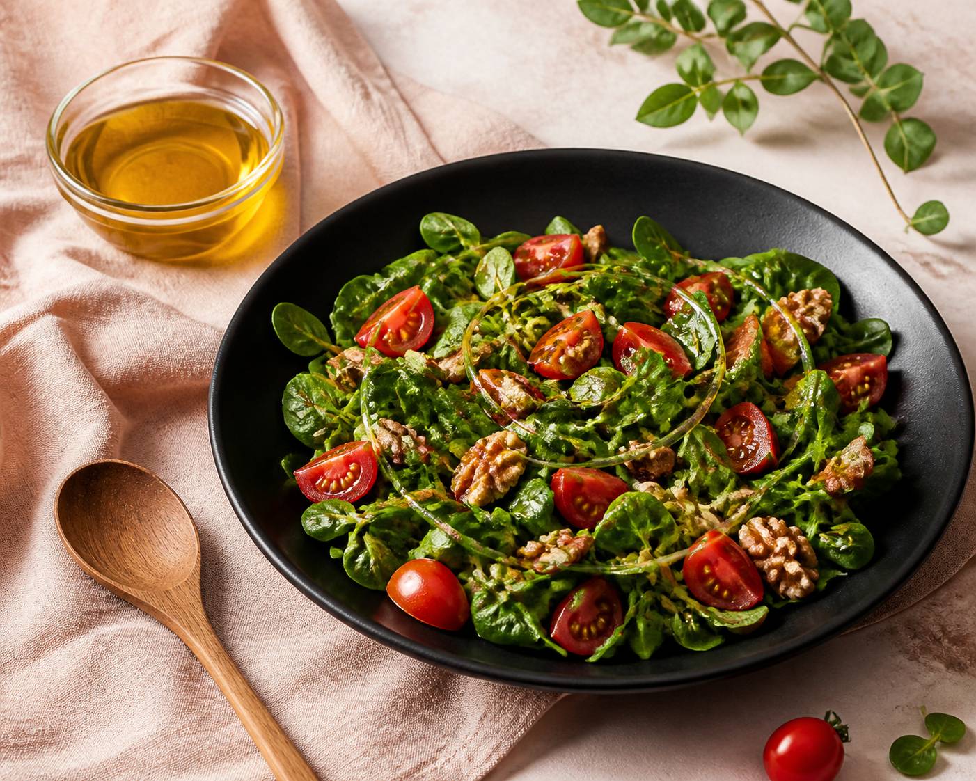 Salade assaisonnée d'un filet d'huile de noix avec des cerneaux