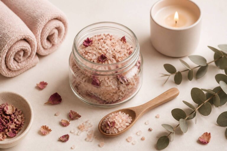 Bocal en verre de sels de bain avec cuillère en bois et serviettes éponge sur fond ivoire