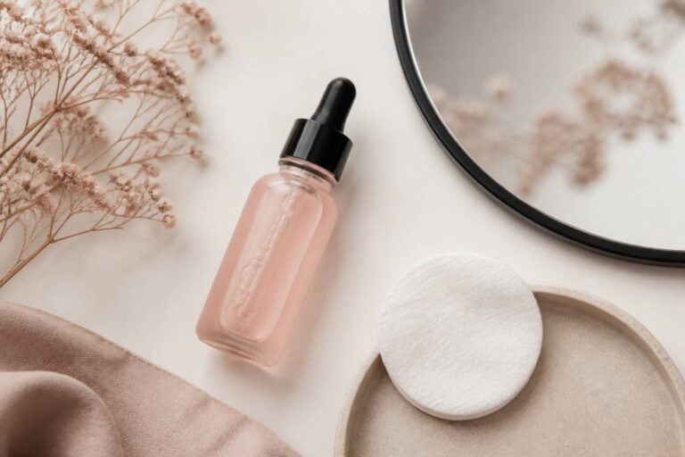 Composition flat-lay de soin de la peau avec sérum et miroir