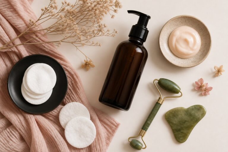 Flat-lay de soin contour des yeux avec flacon en verre ambré, coupelle de crème et pierre de jade